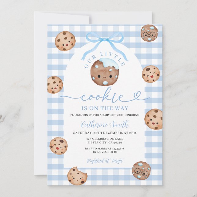 Bow Unsere kleine Cookie Baby Dusche Blue Gingham Einladung (Vorderseite)