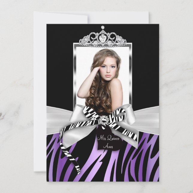 Bow & Zebra Print Lila Black Foto Quinceanera Einladung (Vorderseite)