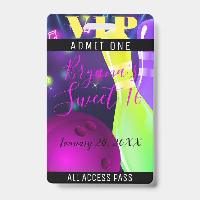 Bowl Glow Bowling Birthday Party Light VIP Pass Ausweis (Vorderseite)