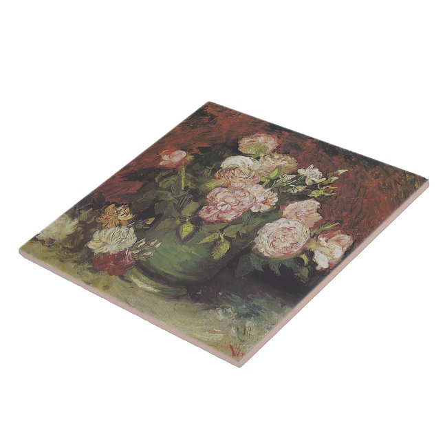 Bowl mit Peongs und Rose von Vincent van Gogh Fliese (Seite)