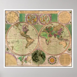 BOWLES New & Accurate Map of the World by Dialing Poster