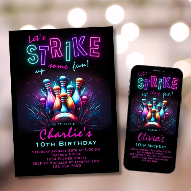 Bowling Anniversaire Invitation Girls Pink Neon (Créateur téléchargé)