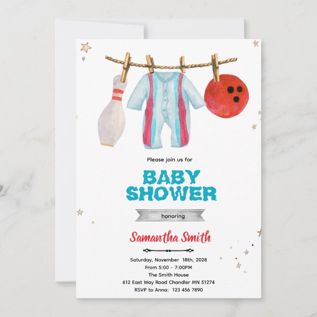 Bowling baby shower party invitation einladung (Vorderseite)