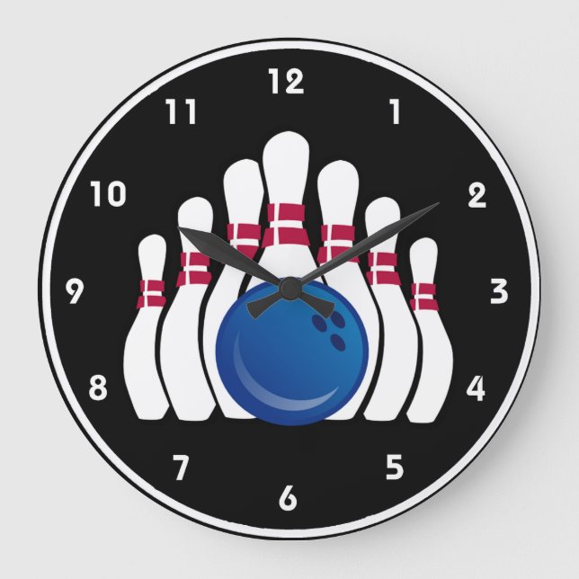 Bowling Ball and Pins Design Wall Clock Große Wanduhr (Vorderseite)