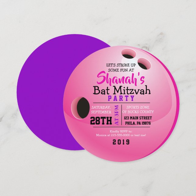 BOWLING BALL ROUND Bat Mitzvah Party Einladung (Vorne/Hinten)