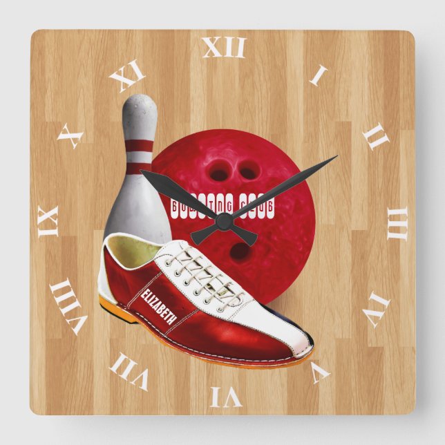 Bowling Ball Shoe und Button mit Ihrem Individuell Quadratische Wanduhr (Vorderseite)