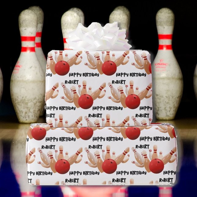 Bowling Ball und Buttone Strike! Name Birthday hin Geschenkpapier (Von Creator hochgeladen)