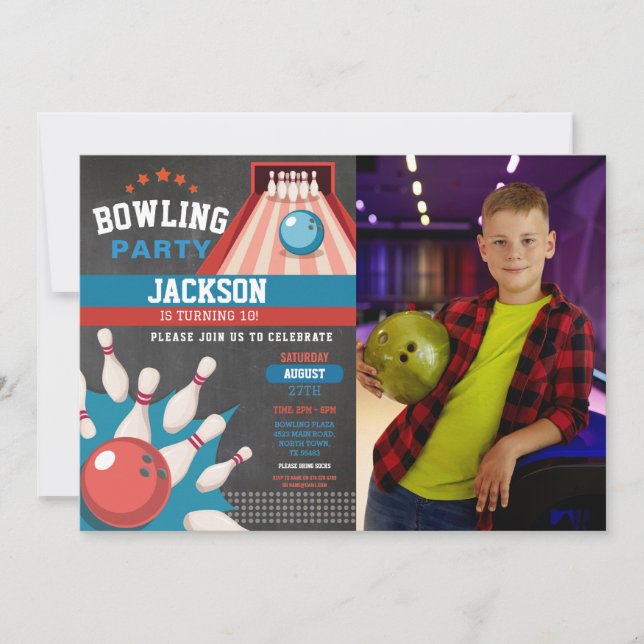 Bowling Birthday Blue Strike Fun Bowl Boys Foto Einladung (Vorderseite)
