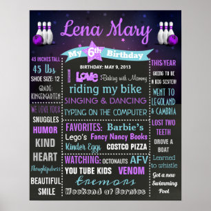 Bowling Birthday chalgs board sign girl Poster