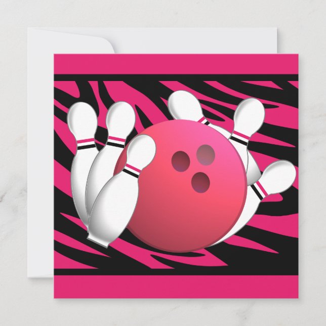 Bowling Birthday Neon Pink und Zebra Streifen Einladung (Vorderseite)