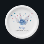 Bowling Birthday Party Blue und Red Pappteller<br><div class="desc">Niedlicher Bowling-Titelsong Junge Geburtstagsparty Papier Platte mit Aquarellbild einer Bowlingkugel trifft einige Buttone mit blauen und roten Sternen fliegen.</div>