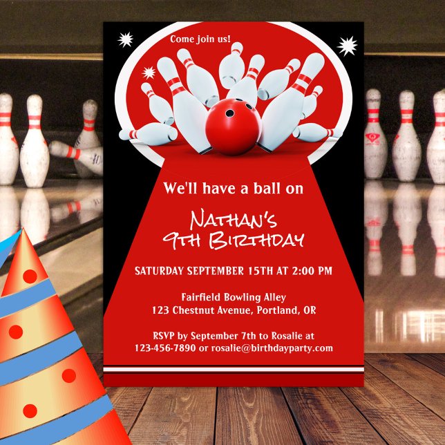 Bowling Birthday Party Einladung (A birthday party invitation featuring a bowling scene in a minimalist sportive red, black and white )