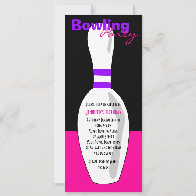 Bowling Birthday Party Invasion - Rosa Schwarz Lil Einladung (Vorderseite)