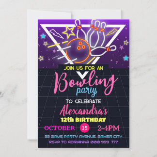 Bowling Birthday Party, Strike Neon Party Einladung