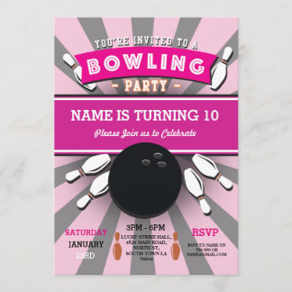 Bowling Birthday Party Tenpin Girls Pink Einladung