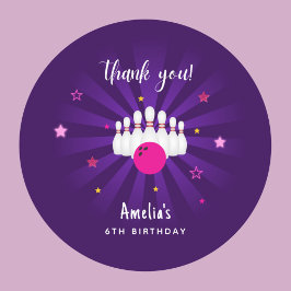 Bowling Birthday Pink Lila Stars Vielen Dank Runder Aufkleber