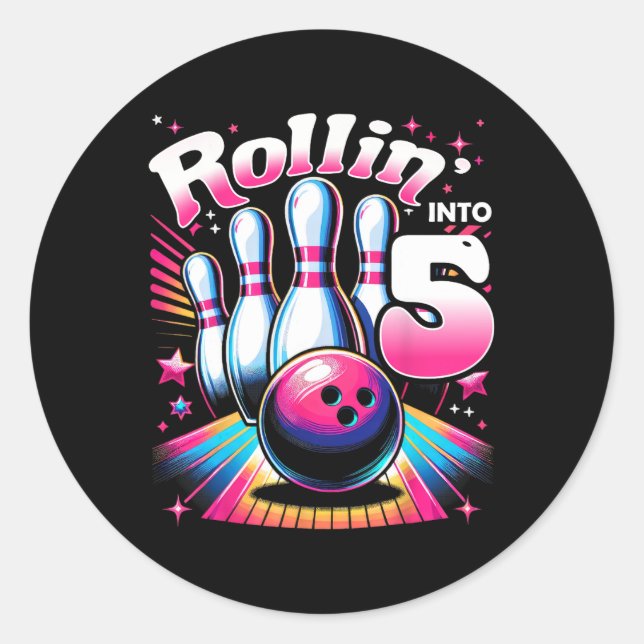 Bowling Birthday Rollin Into 5 Party 5th Birthday  Runder Aufkleber (Vorderseite)