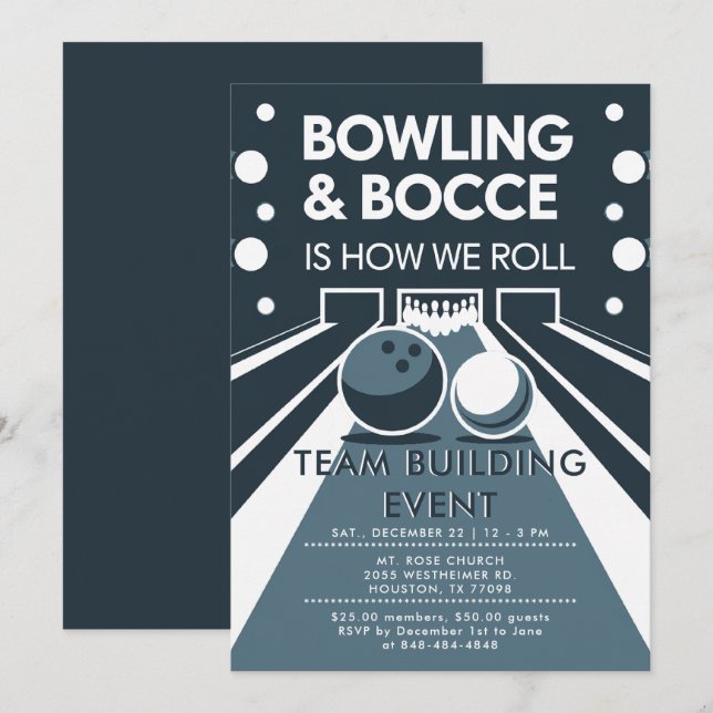 Bowling Bocce Team Gebäude Church Business Blue Einladung (Vorne/Hinten)