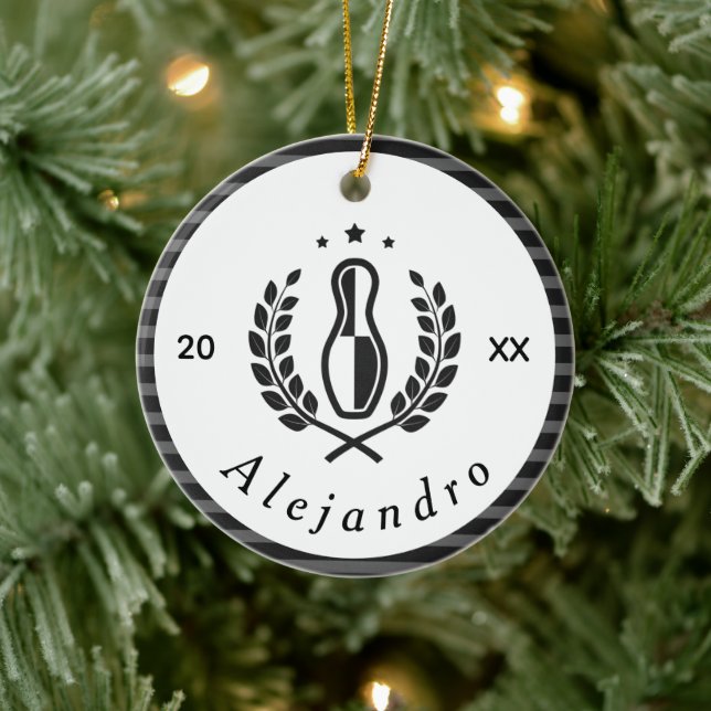 Bowling-Button-Logo und Individuelle Name-Jahr-Spo Keramik Ornament (Baum)