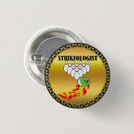 Bowling Buttone und Ball mit dem Wort STRIKEOLOGIS Button