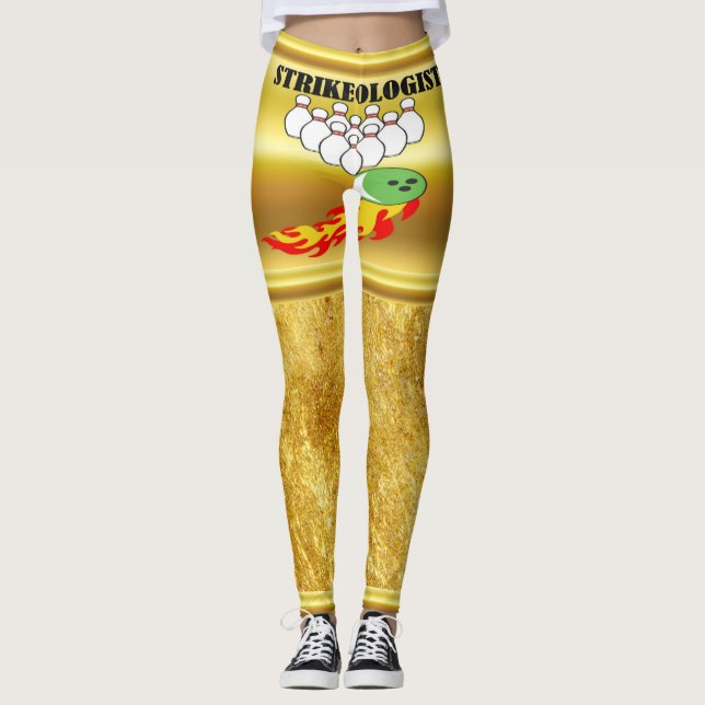 Bowling Buttone und Ball mit dem Wort STRIKEOLOGIS Leggings (Vorderseite)