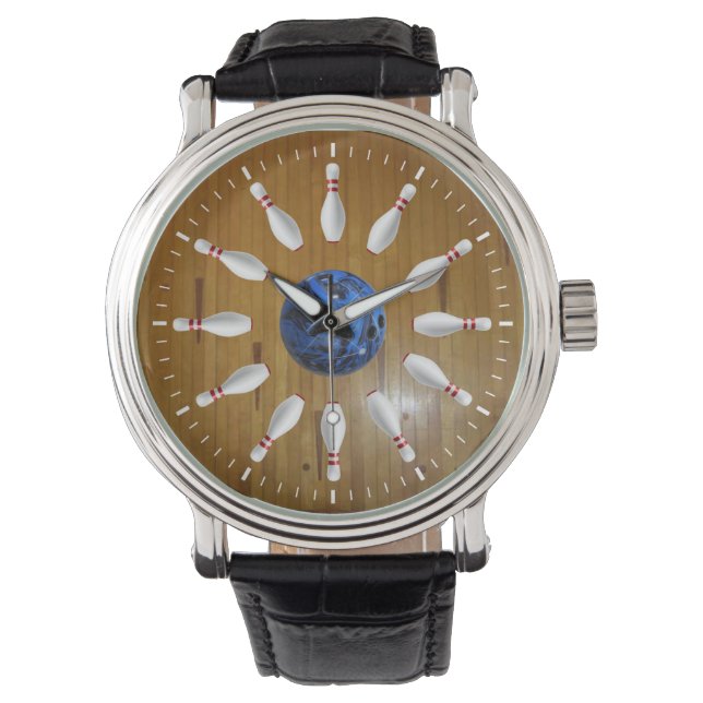 Bowling-Buttone und Kugellederuhr Armbanduhr (Vorderseite)