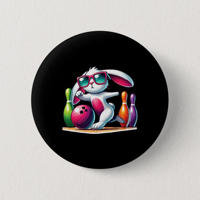 Bowling Byll And Pins Bunny Ear Egg Hunting Easter Button (Vorderseite)