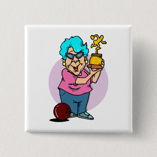 Bowling Champ granny Cartoon Button