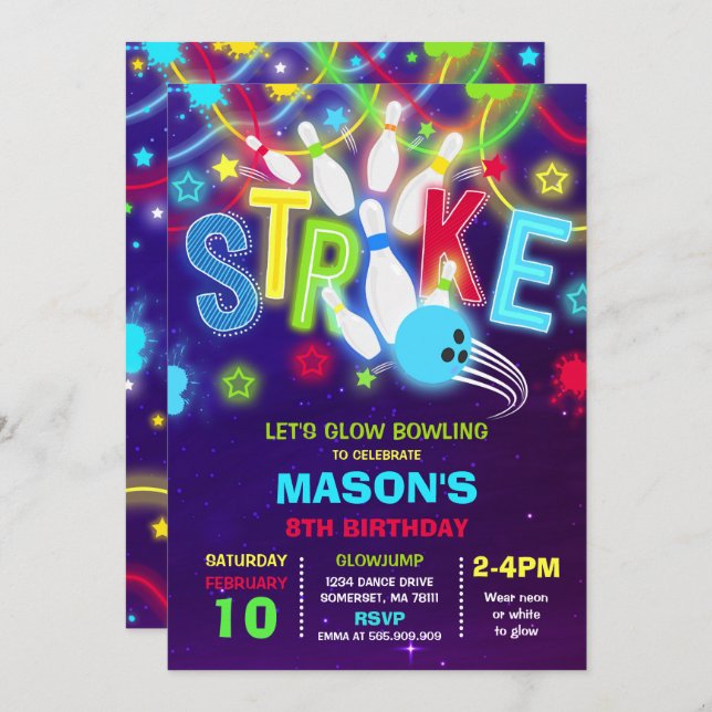 Bowling Einladung Glow Neon Bowling Geburtstag (Vorne/Hinten)