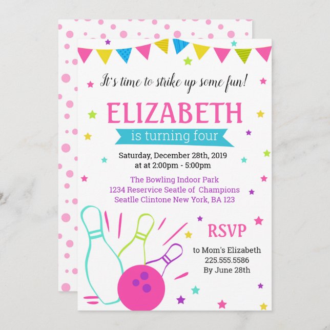 Bowling Einladung zum Geburtstag von Mädchen (Vorne/Hinten)