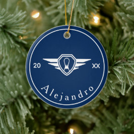 Bowling-Game-Logo-Individuelle Name und Jahr Blau Keramik Ornament