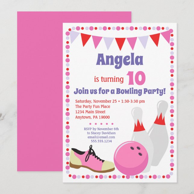 Bowling Invasion Girls Bowling Birthday Party Einladung (Vorne/Hinten)