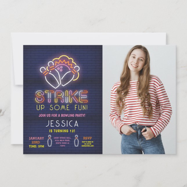 Bowling Invitation Anniversaire Fête Neon Photo Gr (Devant)