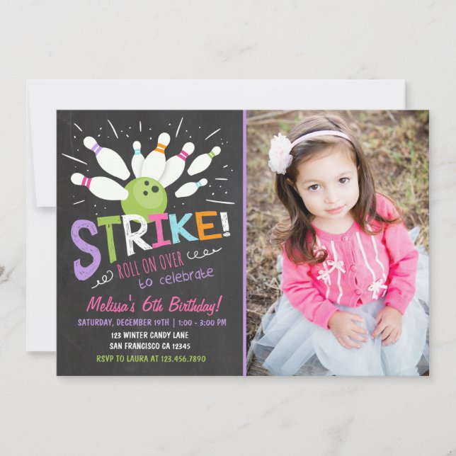 Bowling Invitation Anniversaire Rose Purple Girl (Devant)