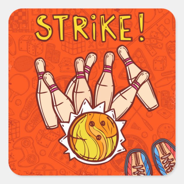 Bowling Party 10 Button Bowling modern Quadratischer Aufkleber (Vorderseite)