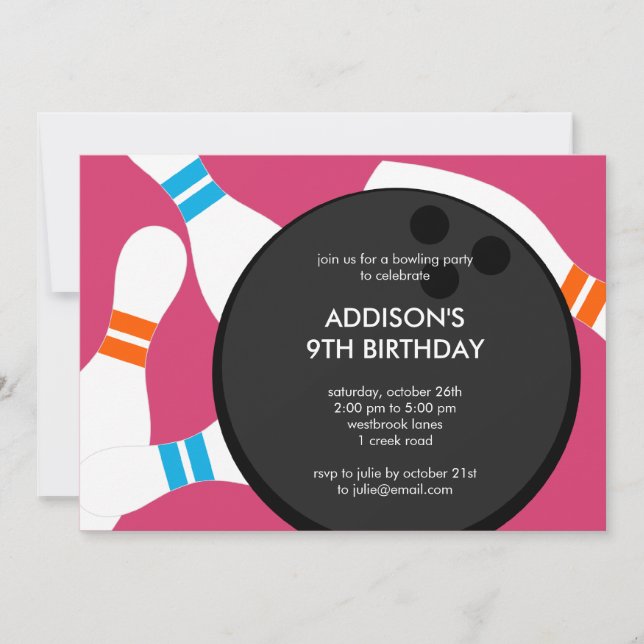 Bowling Party Birthday Party - Rosa Einladung (Vorderseite)