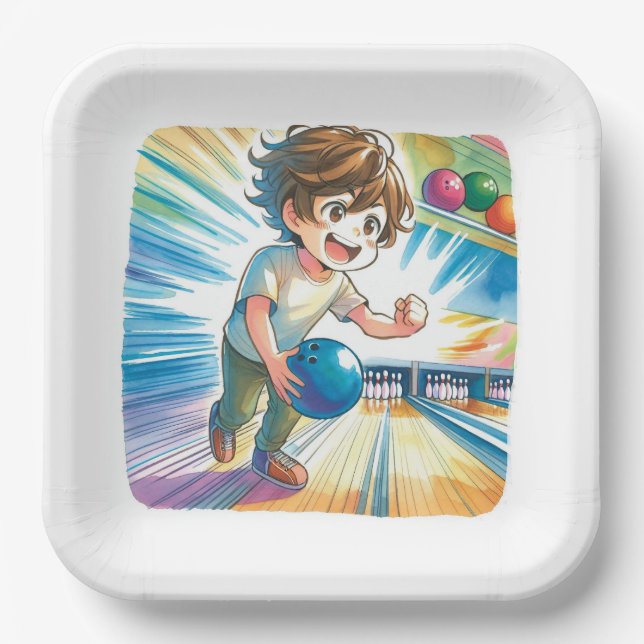 Bowling Party Boy's Anime Birthday Pappteller (Vorderseite)