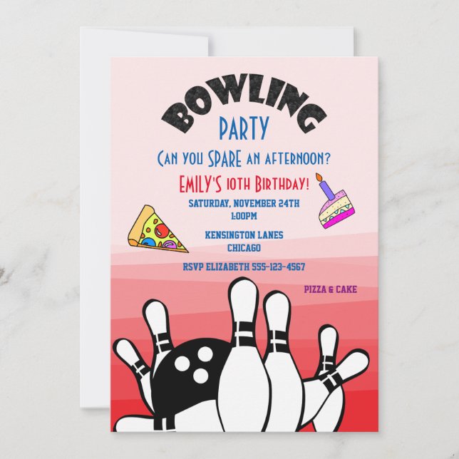 Bowling Party Einladen Ball und Buttone Pizza und  Einladung (Vorderseite)