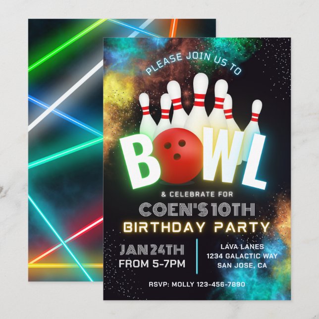 Bowling Party Einladung | Bowling - Aufforderungen (Vorne/Hinten)