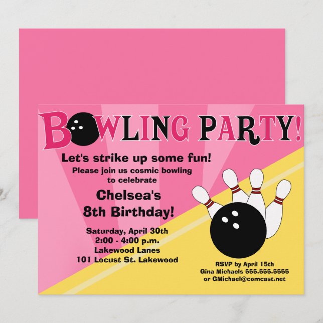 Bowling Party Einladung Girls Bowl Party (Vorne/Hinten)