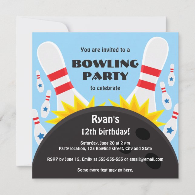 Bowling Party Einladung mit Bowlingball, blau (Vorderseite)