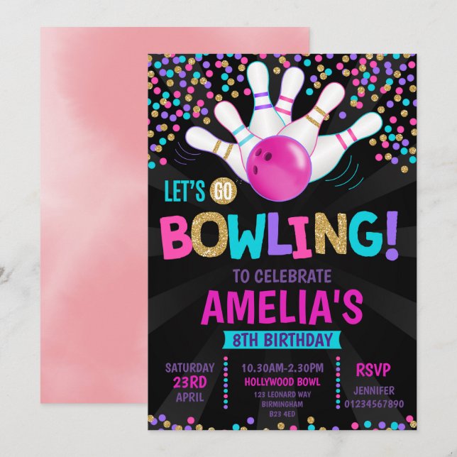 Bowling Party Einladung zum Geburtstag (Vorne/Hinten)