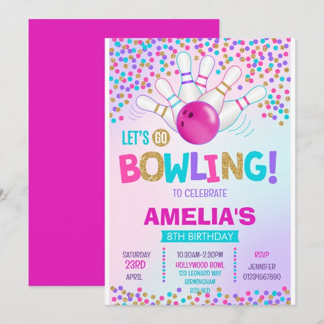 Bowling Party Einladung zum Geburtstag (Vorne/Hinten)