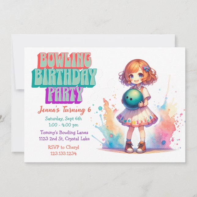 Bowling Party Girl's Anime Birthday Einladung (Vorderseite)