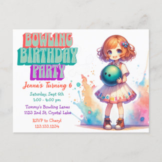 Bowling Party Girl's Anime Birthday Einladung