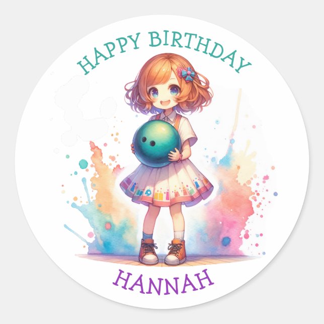 Bowling Party Girl's Anime Birthday Personalisiert Runder Aufkleber (Vorderseite)