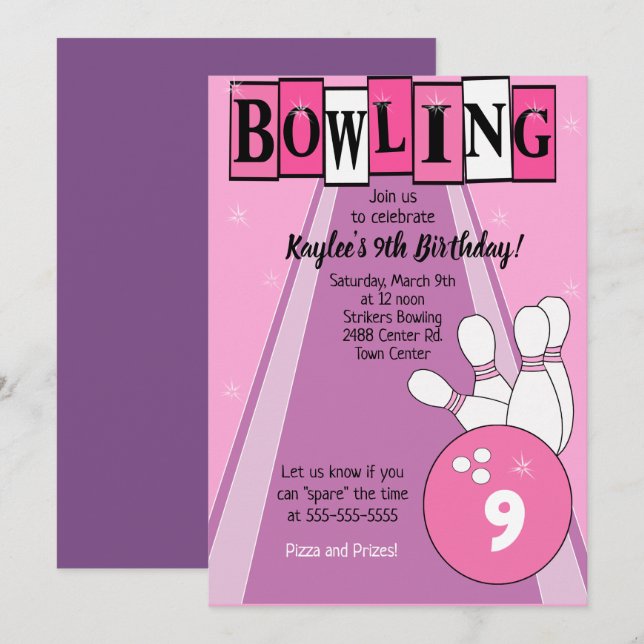 Bowling Party Pink Girls Geburtstag Einladung (Vorne/Hinten)