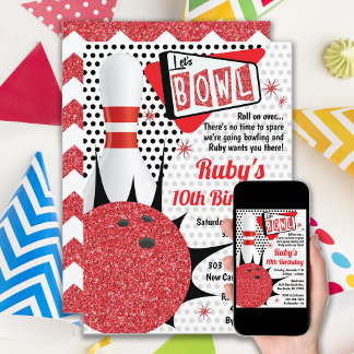 Bowling Party Retro Button Up Tenpin Einladung