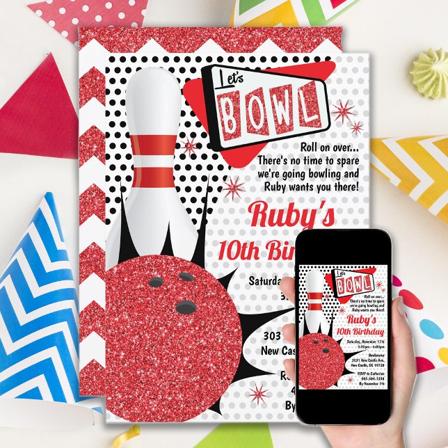 Bowling Party Retro Button Up Tenpin Einladung (Von Creator hochgeladen)