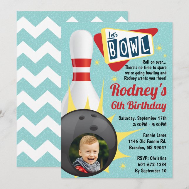 Bowling Party Retro Tenpin mit Foto Einladung (Vorne/Hinten)